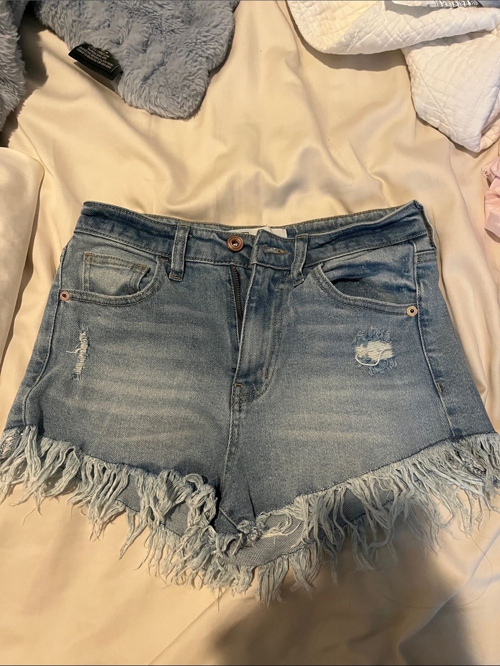 Light Blue Distressed Frayed Denim Shorts